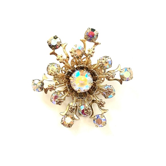 Vintage Gold toned Iridescent AB Crystal Rhinestone Flower Brooch - Picture 1 of 7